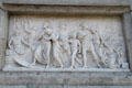 Relief carving of Pilgrims' embarkation from Europe on National Forefathers Monument. Plymouth, MA.