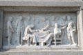 Relief carving of Pilgrims' Mayflower Compact on National Forefathers Monument. Plymouth, MA.