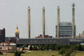 Pylons supporting Bartle Hall Convention Center over Interstate highway I-670 crowned with "Sky Stations" sculptures by R.M. Fisher. Kansas City, MO.