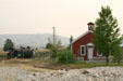 Antique GW steam locomotive & one-room school house at World Museum of Mining. Butte, MT.