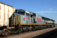 Diesel locomotives passing Lincoln Station. Lincoln, NE.