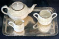 Stickley family porcelain dinner service with Als Ik Kan crest at Stickley Museum at Craftsman Farms. Morris Plains, NJ.