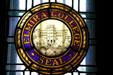 Elmira College seal in stained glass in Hamilton Hall. Elmira, NY.