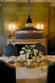 Antique fringed ceiling lamp over dining table at Eastman House. Rochester, NY.