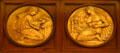 Relief roundels showing writing & printing history on Rush Rhees Library facade at University of Rochester. Rochester, NY.