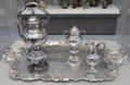 Silver tea service on tray by John C. Moore of New York City for retail by Ball, Tompkins & Black at Metropolitan Museum of Art. New York, NY.