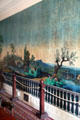 Restored original French wallpaper "Paysages à Chasse" scenic hunting scenes by Zuber Cie. over fake balustrade wallpaper by Jacquemart et Bernard with some infill reproduction sections in dining room at Lindenwald. Kinderhook, NY.