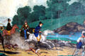 Detail of mounted hunters giving chase on "Paysages à Chasse" wallpaper by Zuber Cie. of France in dining room at Lindenwald. Kinderhook, NY.