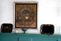 Mourning embroidery & toleware trays in Williams House at Old Bethpage Village. Old Bethpage, NY.