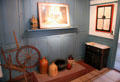 Spinning wheel & stoneware jugs at Annie Cooper Boyd House museum. Sag Harbor, NY.