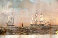 Whaling ships under sail & open whaleboats with crew graphic by Benjamin Russell at Sag Harbor Whaling Museum. Sag Harbor, NY.