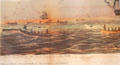 Detail of Whaling ships under sail & open whaleboats with crew graphic by Benjamin Russell at Sag Harbor Whaling Museum. Sag Harbor, NY.