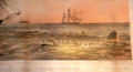 Detail of Whaling ships under sail & open whaleboats with crew graphic by Benjamin Russell at Sag Harbor Whaling Museum. Sag Harbor, NY.
