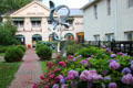 Flower bordered brick walkway & shopping area. Bridgehampton, NY.