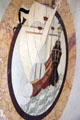 Marble floor inlaid with ship image in master bathroom at Vanderbilt Mansion. Centerport, NY.