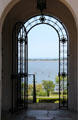 Harbor view from wrought iron line doorway at Vanderbilt Mansion. Centerport, NY.
