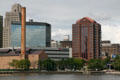 Skyline of Toledo with National City Bank, Toledo Edison, power plant, Key Bank, & HCR Manor Care buildings. Toledo, OH.
