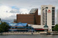 Skyline of Toledo with SeaGate Center pavilion at Maumee River park, brown Four SeaGate & Two SeaGate buildings. Toledo, OH.