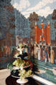 Dining room wallpaper detail with fruit stand at Wildwood Manor House. Toledo, OH.