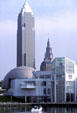 Key Tower plus Terminal Tower behind Great Lakes Science Center. Cleveland, OH.