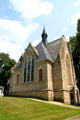 Stained glass windows, sandstone walls & slate roof in Glendale Cemetery Memorial Chapel. Akron, OH.