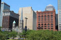 North side of Cleveland Public Square with Metropolitan Bank Center, Old Stone Church & Society National Bank. Cleveland, OH.
