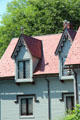 Gothic gables with Gothic window surrounds of Kingscote. Newport, RI.
