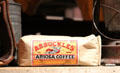 Arbuckles' Ariosa Coffee, the first pre-roasted coffee which took over the market & became the favorite of cowboys. It came with one peppermint candy stick which cooks gave as a reward to the cowboy who ground the coffee at Institute of Texan Cultures. San Antonio, TX.