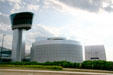 Observation tower & round Imax Theater of National Air & Space Museum, Udvar-Hazy Center. Chantilly, VA.